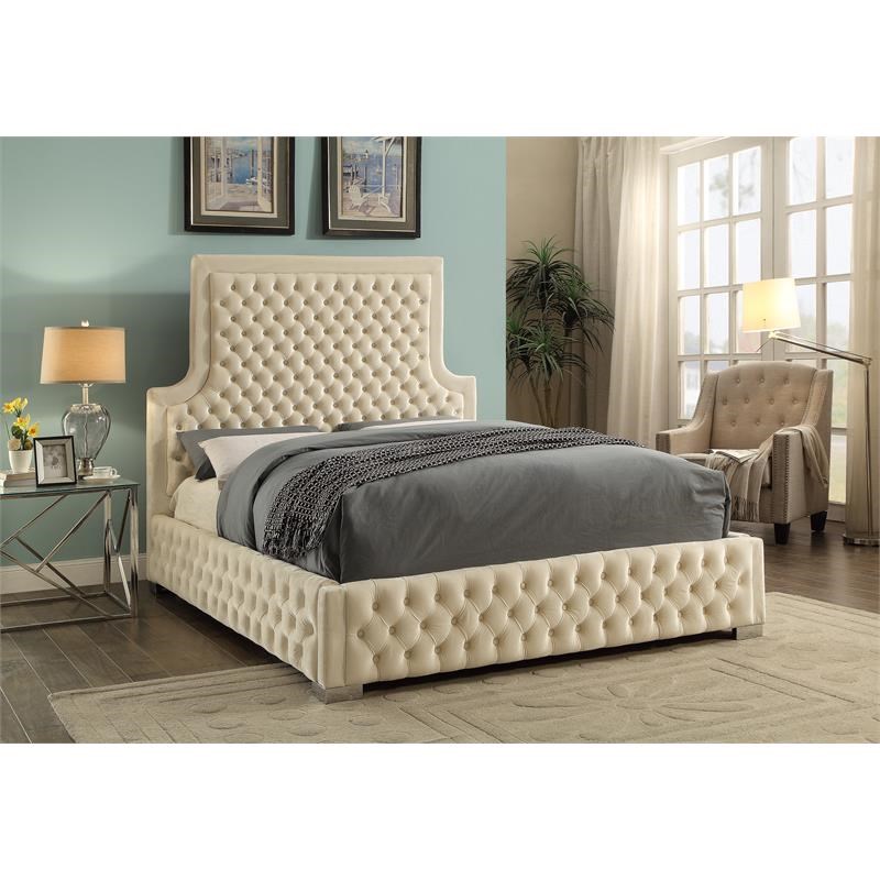 Meridian Furniture Sedona Rich Velvet Queen Bed in Cream