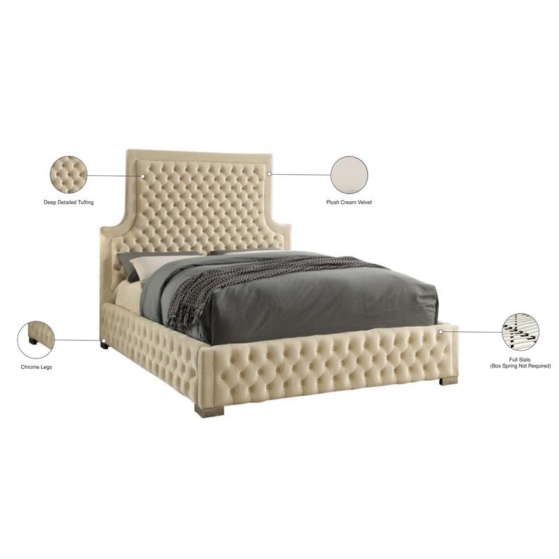 Meridian Furniture Sedona Rich Velvet Queen Bed in Cream