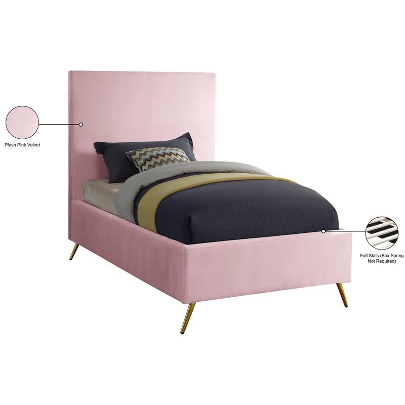 Meridian Furniture Jasmine Contemporary Velvet Twin Bed in Pink