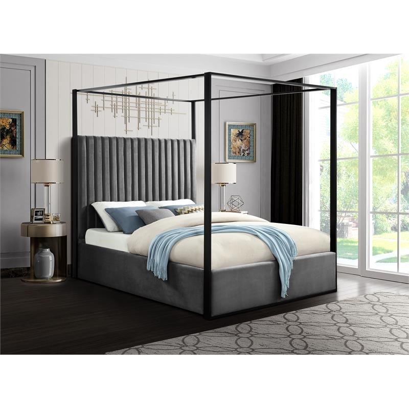 Meridian Furniture Jax Solid Wood and Velvet King Bed in Gray