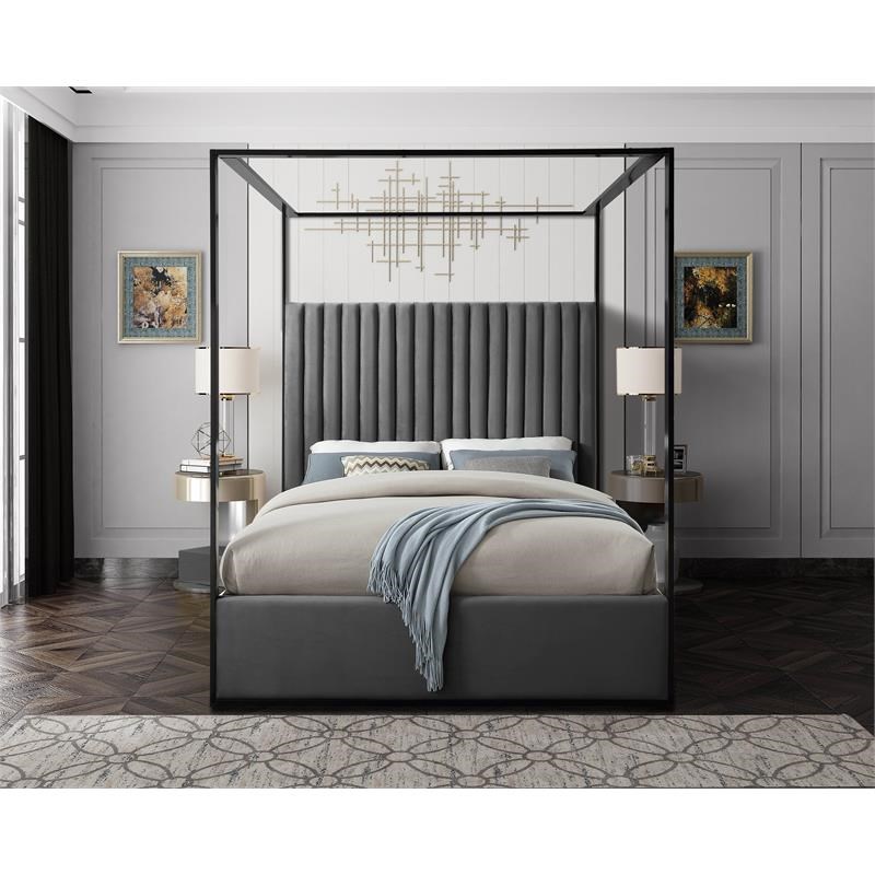 Meridian Furniture Jax Solid Wood and Velvet King Bed in Gray