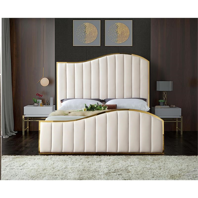 Meridian Furniture Jolie Solid Wood and Velvet Queen Bed in Cream