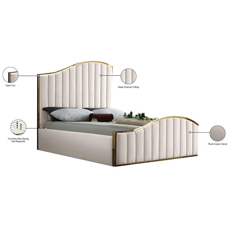 Meridian Furniture Jolie Solid Wood and Velvet Queen Bed in Cream