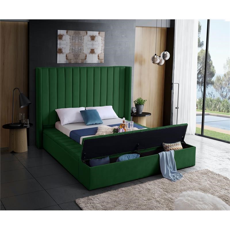 Meridian Furniture Kiki Solid Wood and Velvet Queen Bed in Green