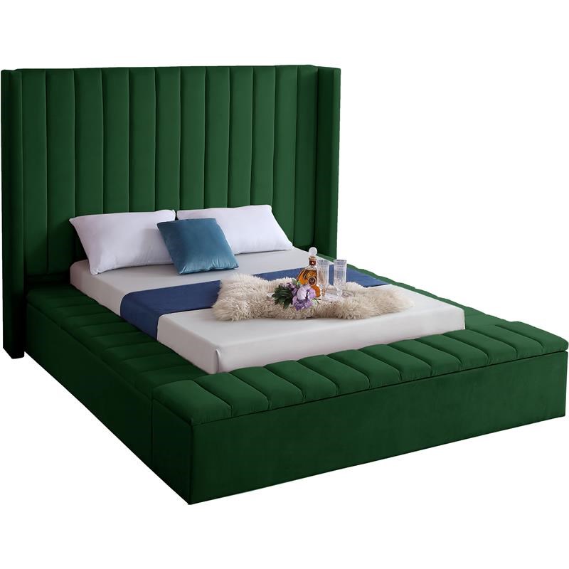 Meridian Furniture Kiki Solid Wood and Velvet Queen Bed in Green
