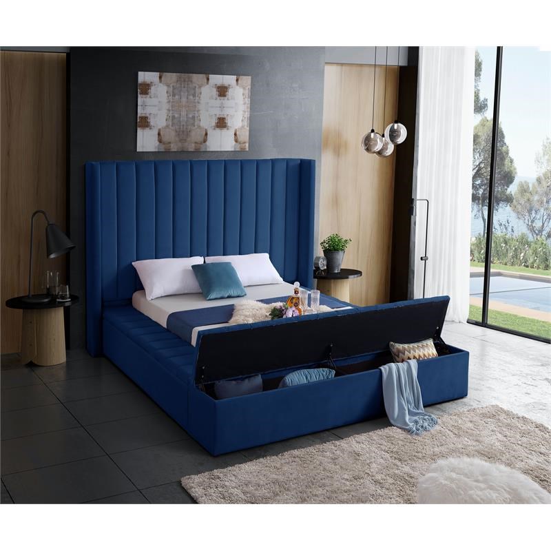 Meridian Furniture Kiki Solid Wood and Velvet Full Bed in Navy