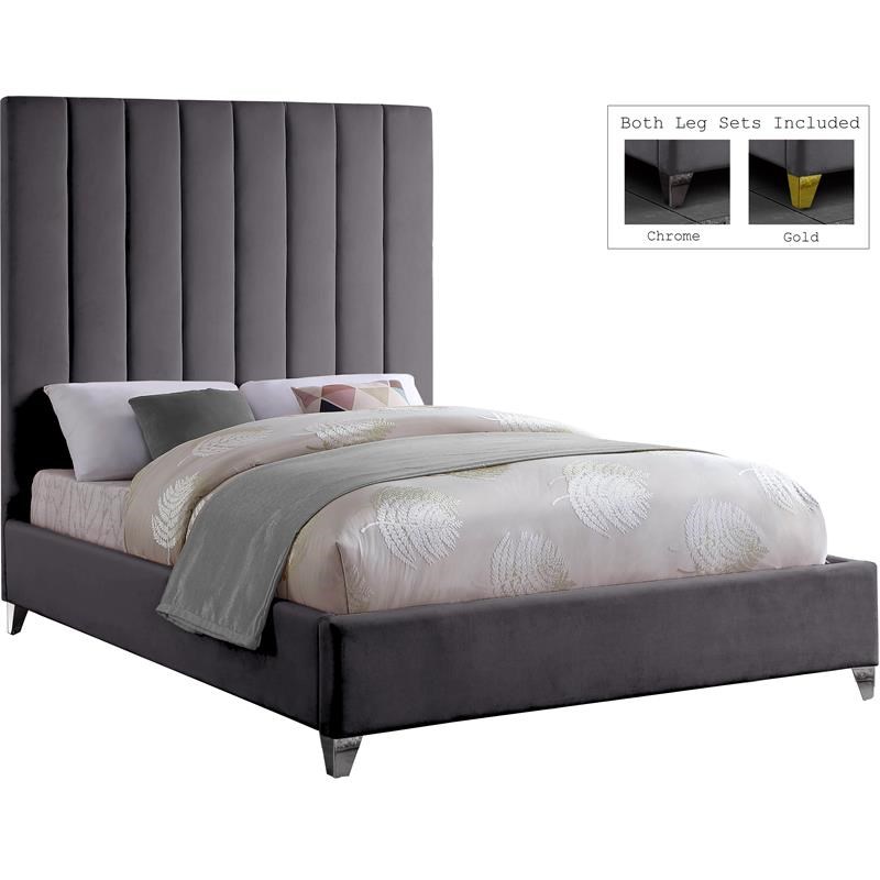 Meridian Furniture Via Rich Velvet King Bed in Gray