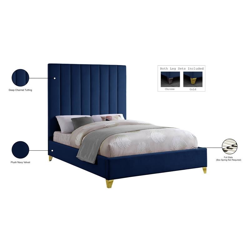 Meridian Furniture Via Rich Velvet Queen Bed in Navy