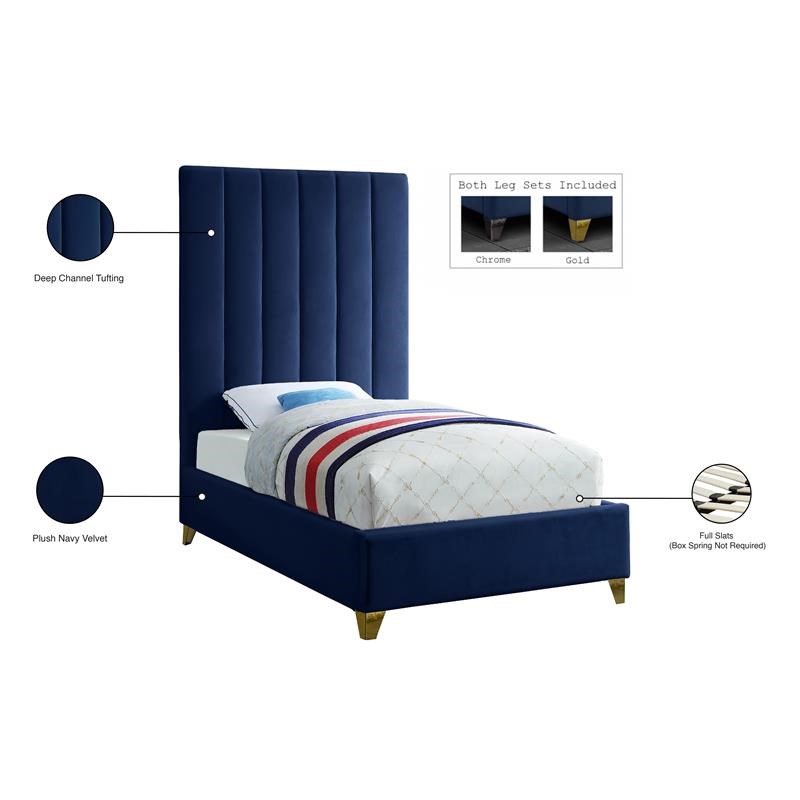 Meridian Furniture Via Rich Velvet Twin Bed in Navy