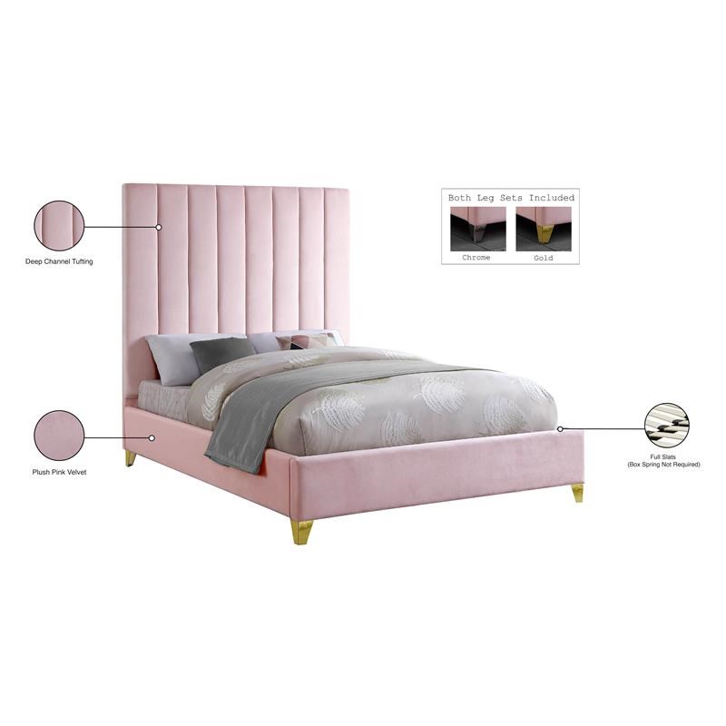 Meridian Furniture Via Rich Velvet Queen Bed in Pink