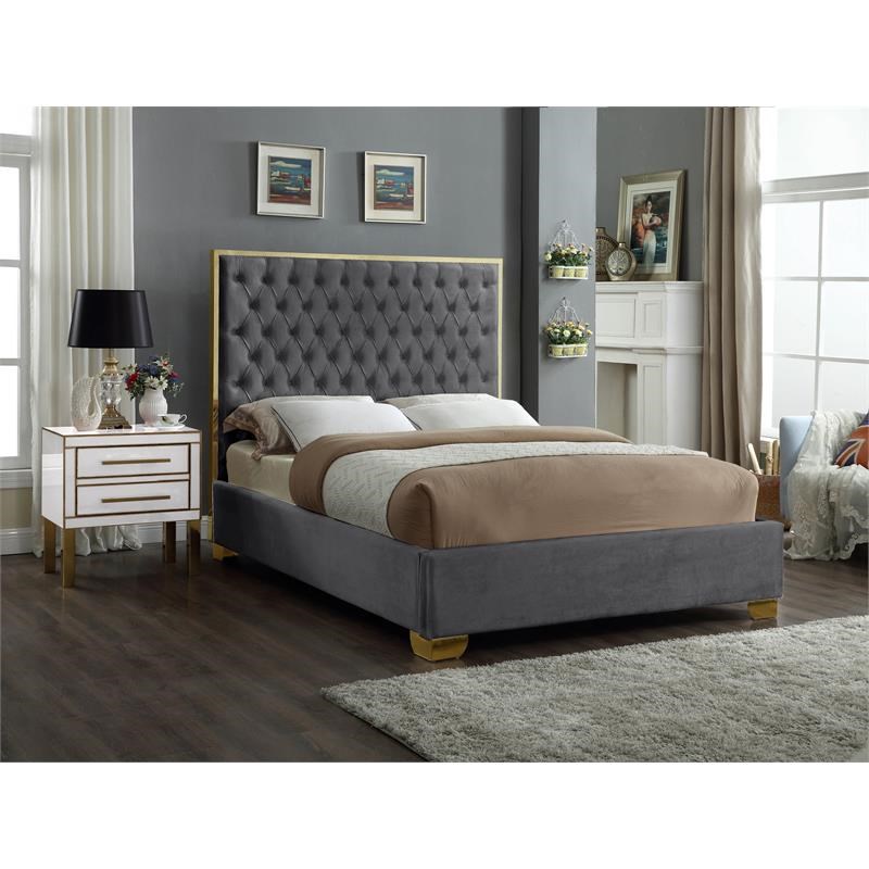Meridian Furniture Lana Solid Wood and Velvet Full Bed in Gray