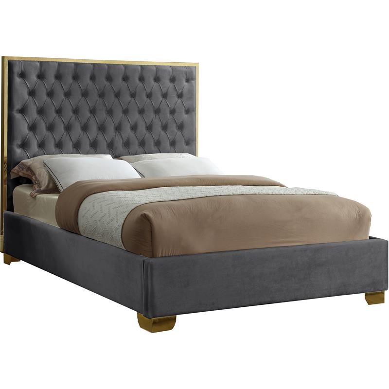 Meridian Furniture Lana Solid Wood and Velvet Full Bed in Gray
