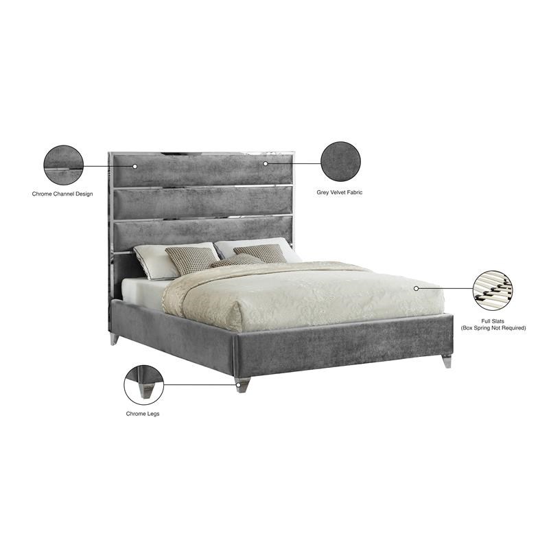 Meridian Furniture Zuma Solid Wood and Rich Velvet Full Bed in Gray