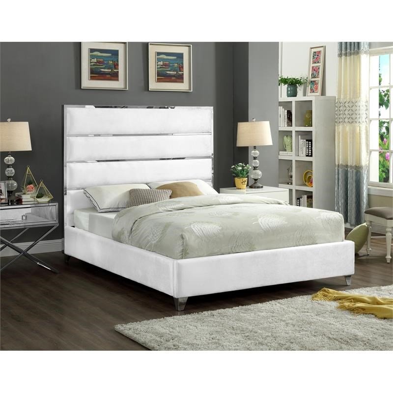 Meridian Furniture Zuma Solid Wood and Rich Velvet King Bed in White