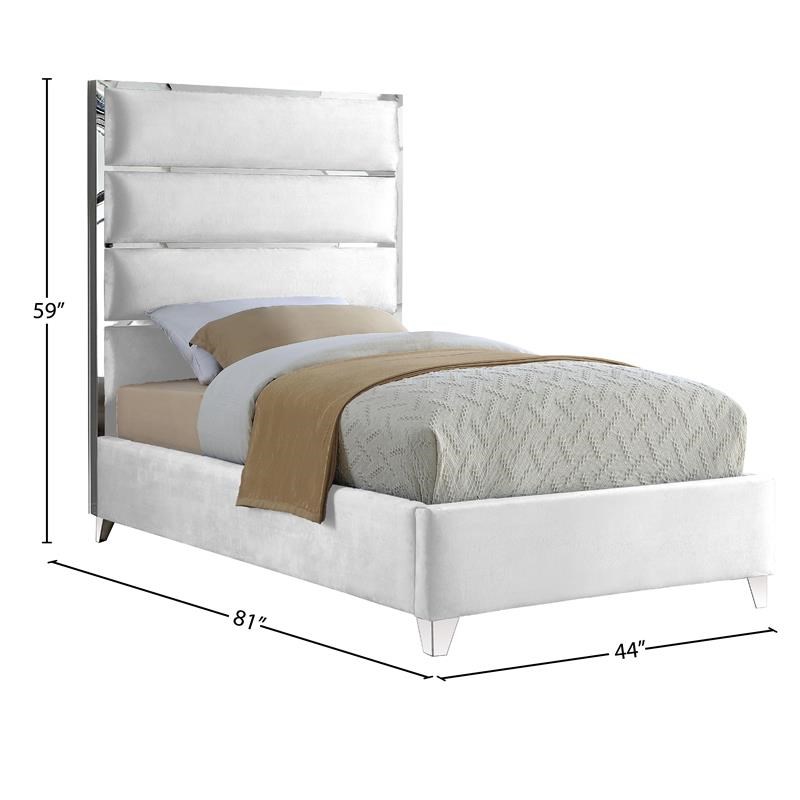 Meridian Furniture Zuma Solid Wood and Rich Velvet Twin Bed in White