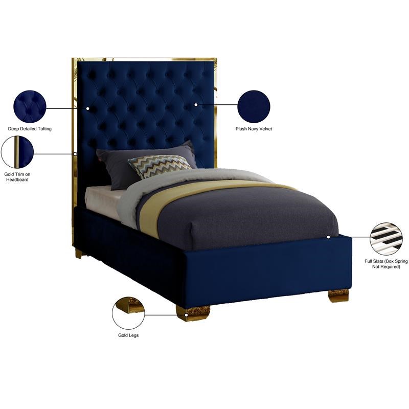 Meridian Furniture Lana Solid Wood and Velvet Twin Bed in Navy
