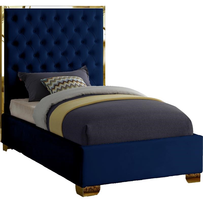 Meridian Furniture Lana Solid Wood and Velvet Twin Bed in Navy