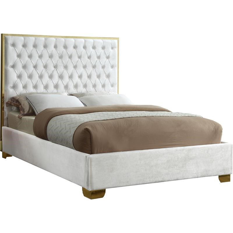 Meridian Furniture Lana Solid Wood and Velvet King Bed in White Homesquare