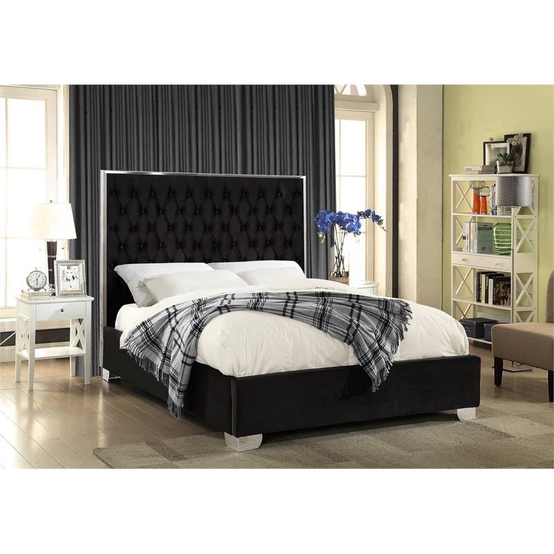 Meridian Furniture Lexi Solid Wood and Velvet Queen Bed in Black