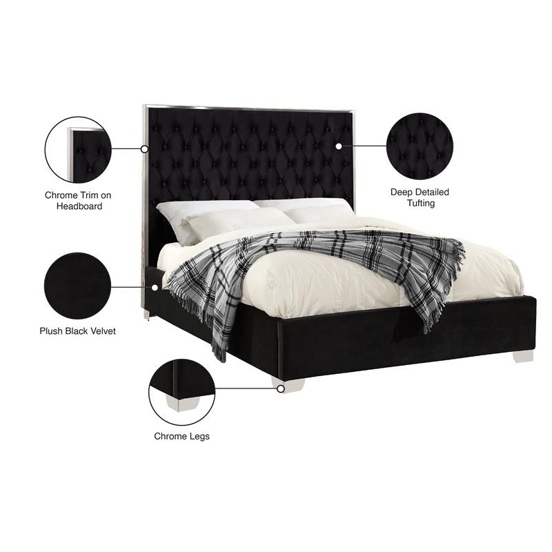 Meridian Furniture Lexi Solid Wood and Velvet Queen Bed in Black