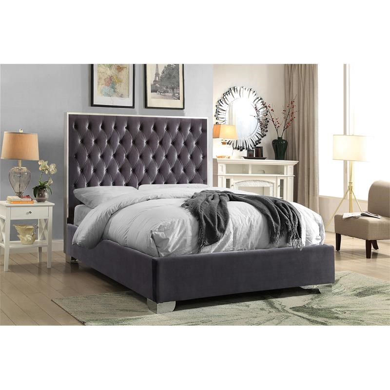 Meridian Furniture Lexi Solid Wood and Velvet Full Bed in Gray