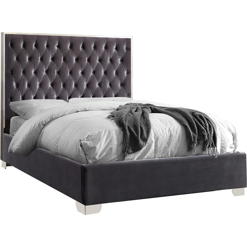 Meridian Furniture Lexi Solid Wood and Velvet Full Bed in Gray