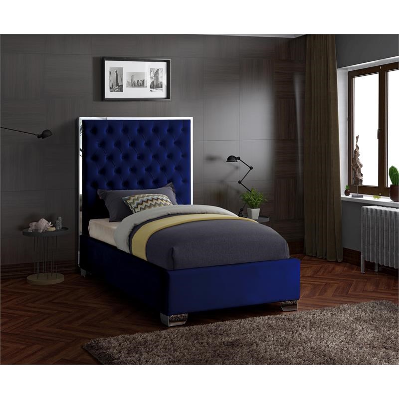 Meridian Furniture Lexi Solid Wood and Velvet Twin Bed in Navy