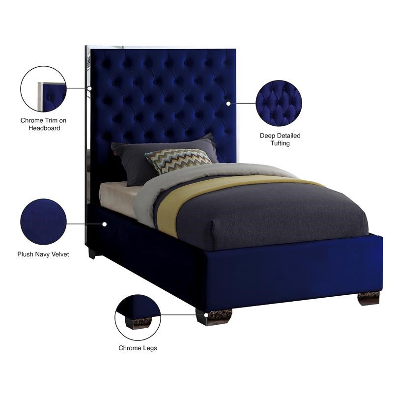 Meridian Furniture Lexi Solid Wood and Velvet Twin Bed in Navy