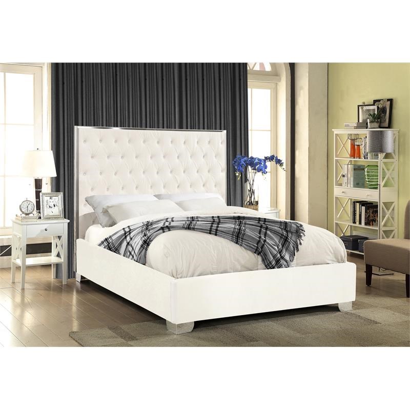 Meridian Furniture Lexi Solid Wood and Velvet Full Bed in White