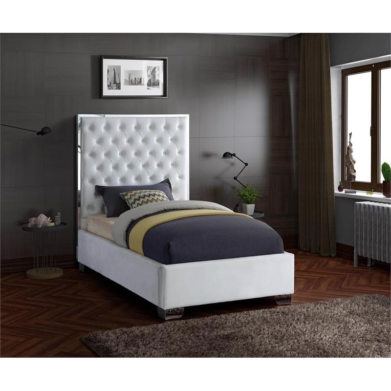 Meridian Furniture Lexi Solid Wood and Velvet Twin Bed in White