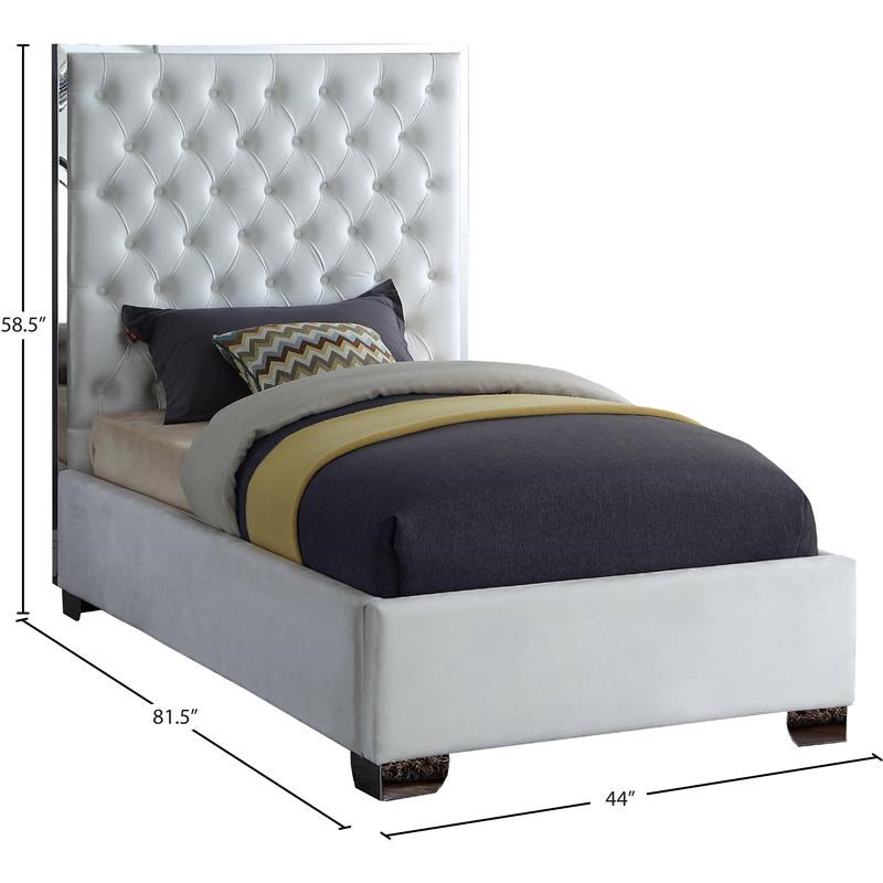 Meridian Furniture Lexi Solid Wood and Velvet Twin Bed in White