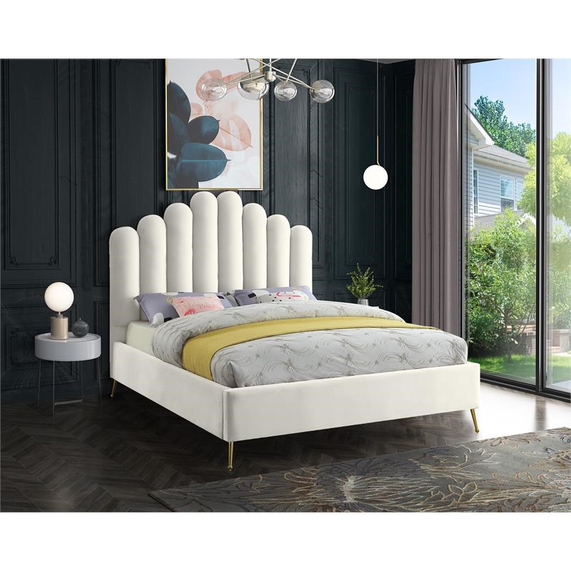 Meridian Furniture Lily Solid Wood and Tufted Velvet Full Bed in Cream