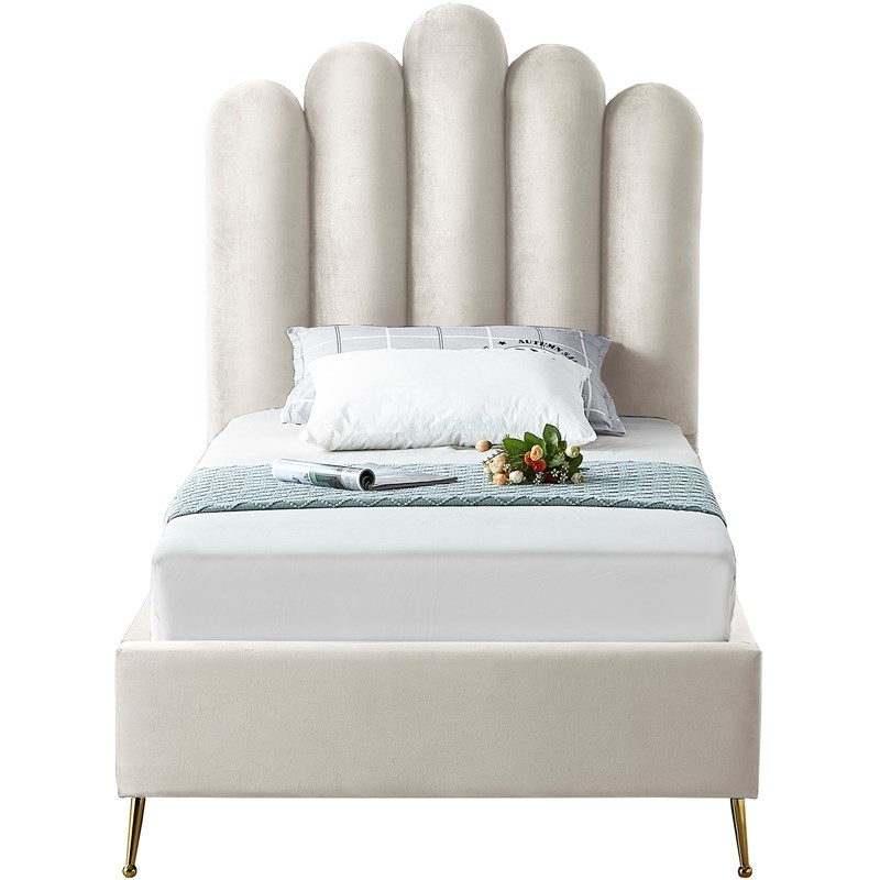 Meridian Furniture Lily Solid Wood and Tufted Velvet Twin Bed in Cream
