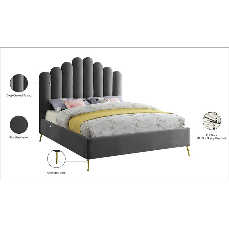 Meridian Furniture Lily Solid Wood and Tufted Velvet Full Bed in Gray