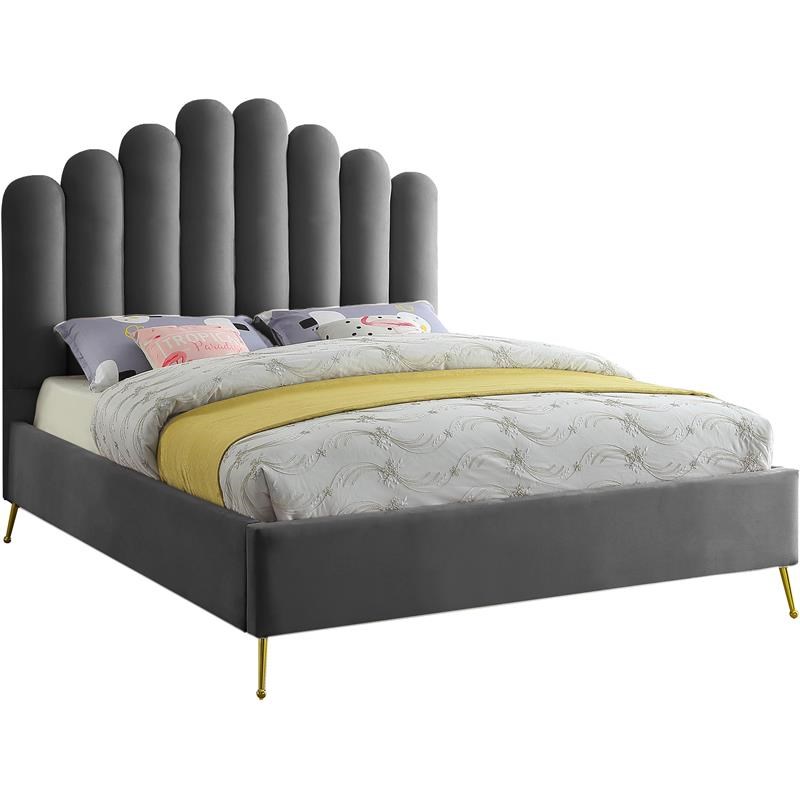 Meridian Furniture Lily Solid Wood and Tufted Velvet Full Bed in Gray