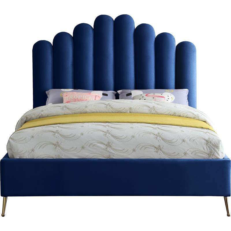 Meridian Furniture Lily Solid Wood and Tufted Velvet Full Bed in Navy