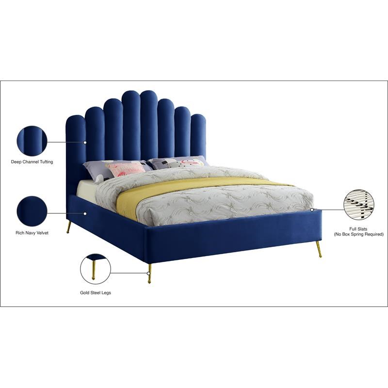 Meridian Furniture Lily Solid Wood and Tufted Velvet Full Bed in Navy