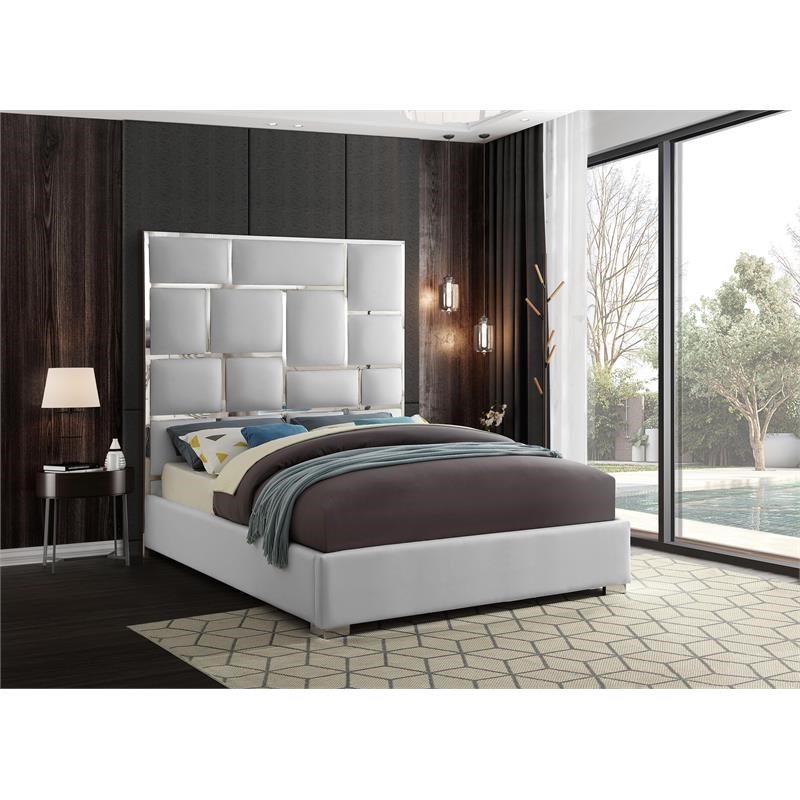 Meridian Furniture Milan Solid Wood and Faux Leather Queen Bed in White