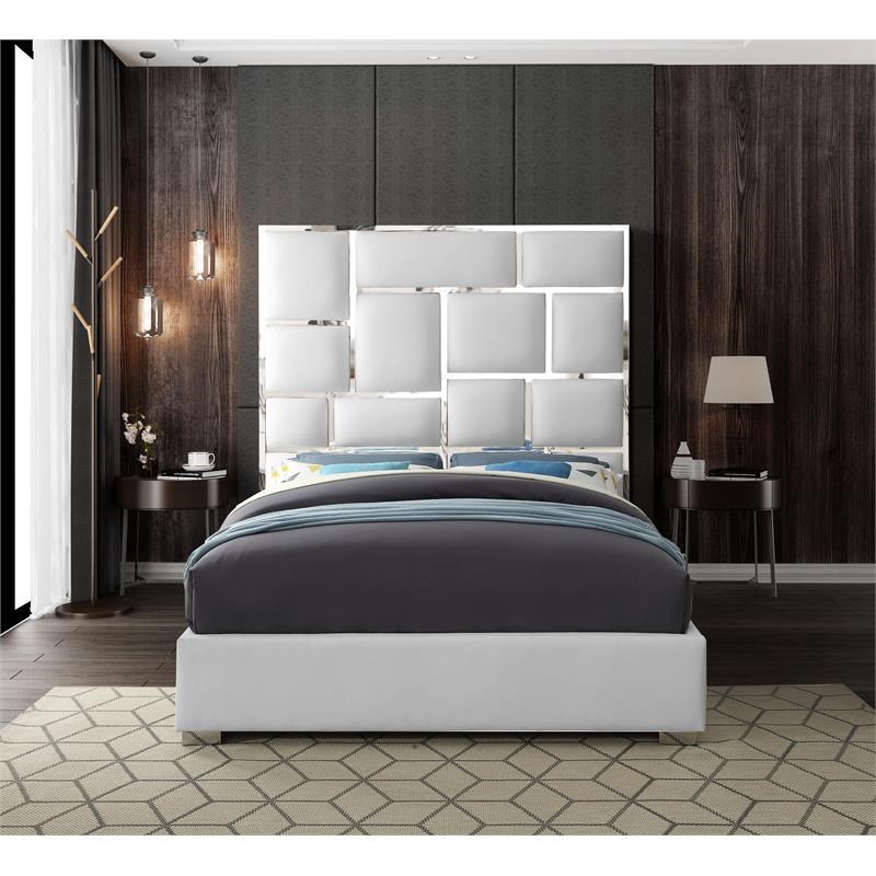 Meridian Furniture Milan Solid Wood and Faux Leather Queen Bed in White