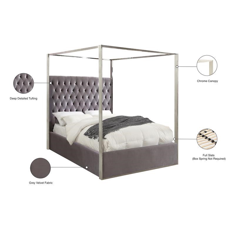 Meridian Furniture Porter Tufted Velvet Queen Bed in Gray