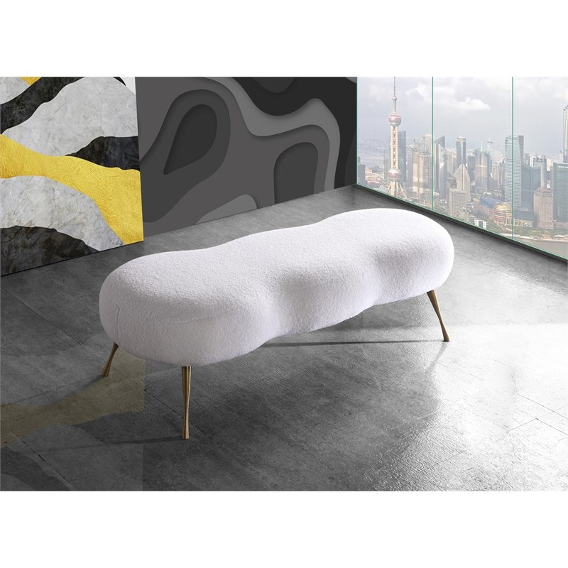Meridian Furniture Nube White Faux Sheepskin Fur Bench in Gold Finish