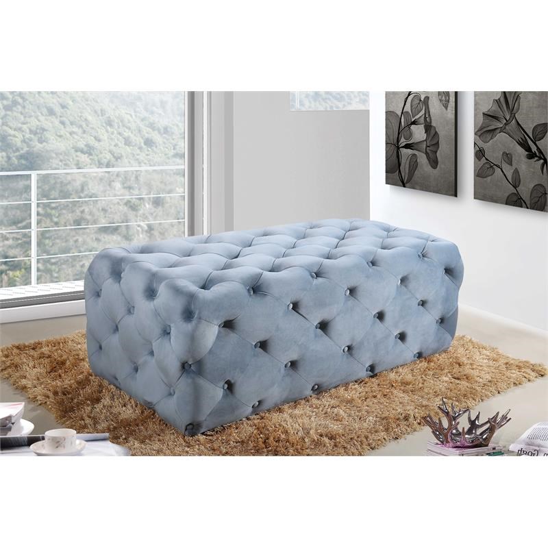 Meridian Furniture Casey Button Sky Blue Velvet Ottoman and Bench