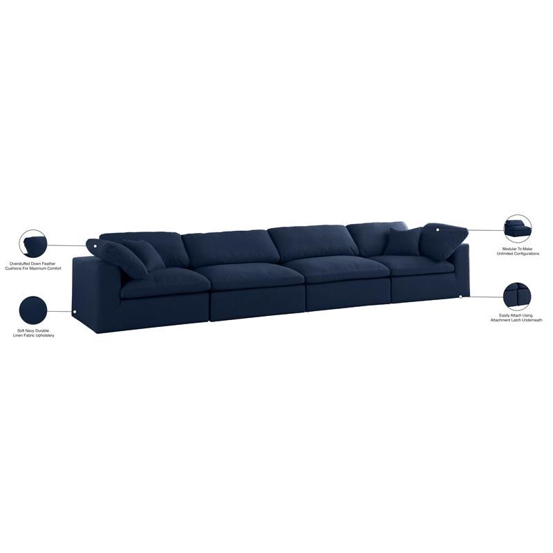 Meridian Furniture Serene Navy Durable Linen Fabric Deluxe Modular Sofa