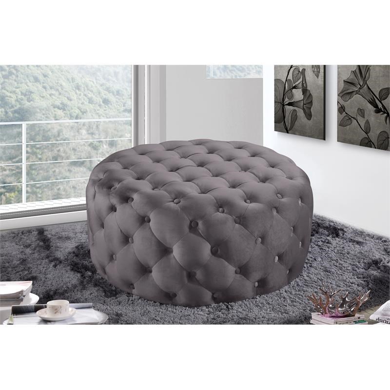 Meridian Furniture Addison Button Tufted Gray Velvet Ottoman and Bench