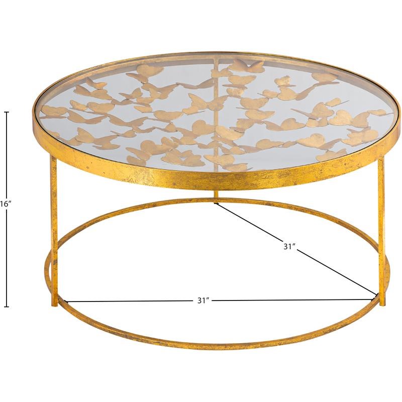 Meridian Furniture Butterfly Round Gold Foil Glass Top Coffee Table