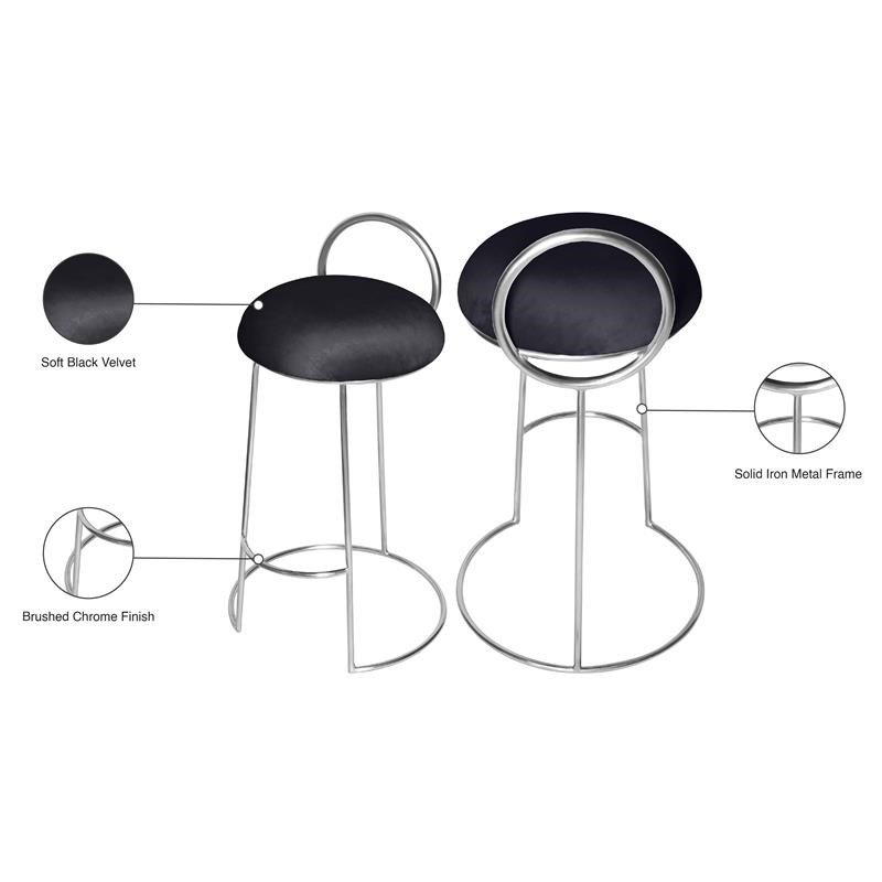 Meridian Furniture Ring Soft Black Velvet Counter Stool in Brushed Chrome Finish