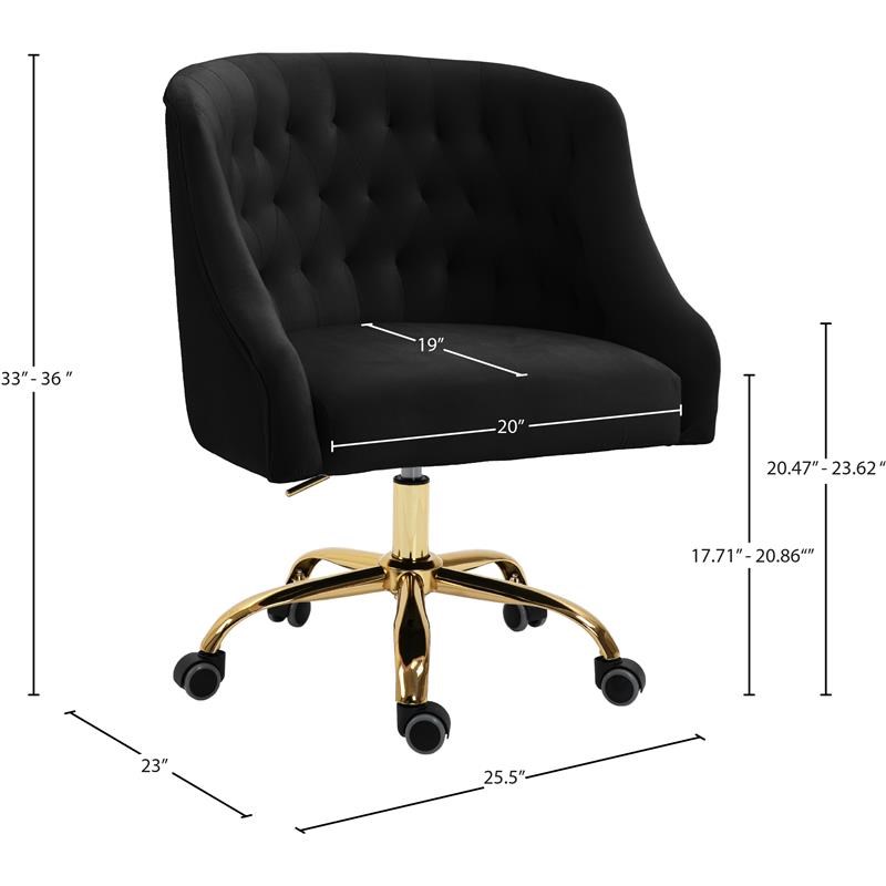 Meridian Furniture Arden Swivel Adjustable Black Velvet and Gold Office Chair