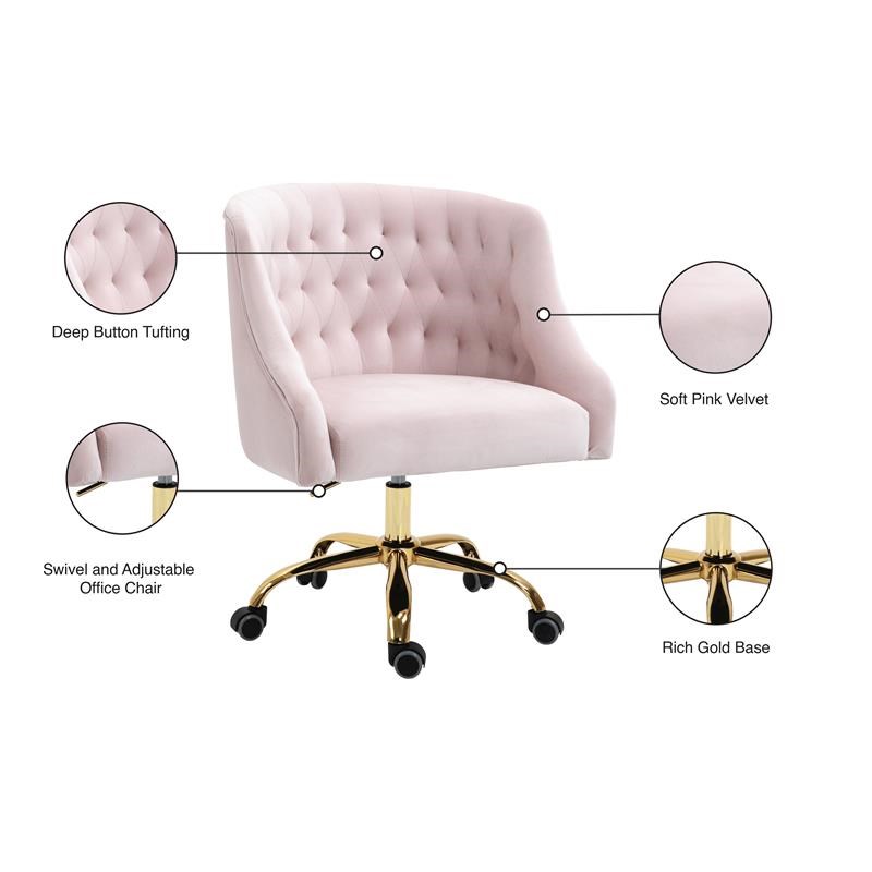 Meridian Furniture Arden Swivel Adjustable Pink Velvet and Gold Office Chair