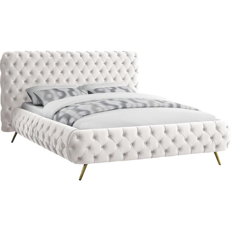 Meridian Furniture Delano Solid Wood Tufted Velvet King Bed in Cream