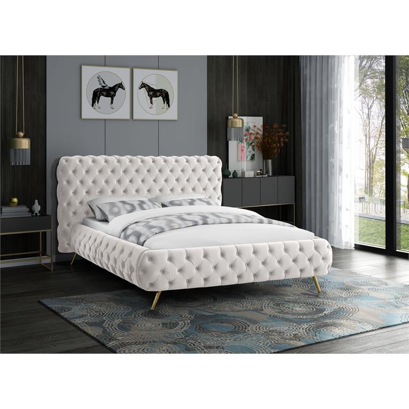Meridian Furniture Delano Solid Wood Tufted Velvet Queen Bed in Cream